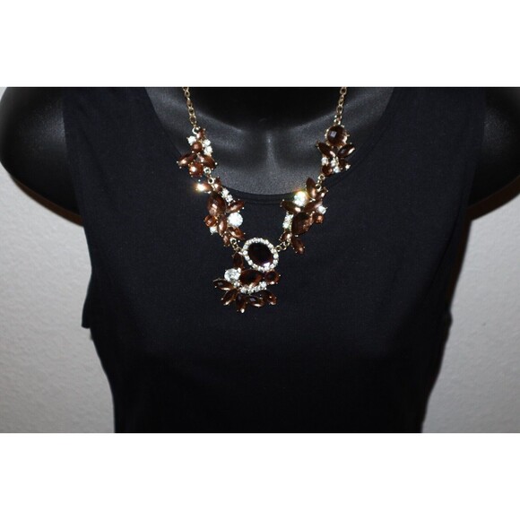 Assymetrical Statement Faceted Brown Crystal Rhinestone Gold Tone Necklace 19"+ - Picture 3 of 11
